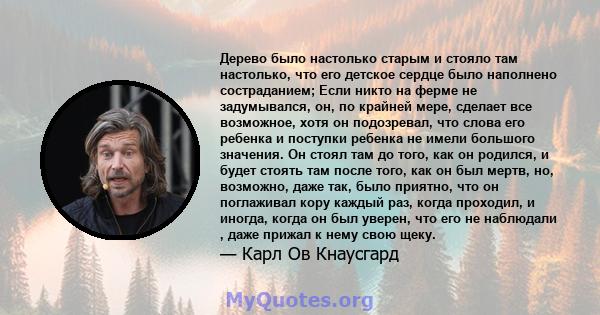 Дерево было настолько старым и стояло там настолько, что его детское сердце было наполнено состраданием; Если никто на ферме не задумывался, он, по крайней мере, сделает все возможное, хотя он подозревал, что слова его