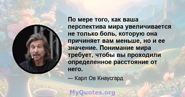 По мере того, как ваша перспектива мира увеличивается не только боль, которую она причиняет вам меньше, но и ее значение. Понимание мира требует, чтобы вы проходили определенное расстояние от него.