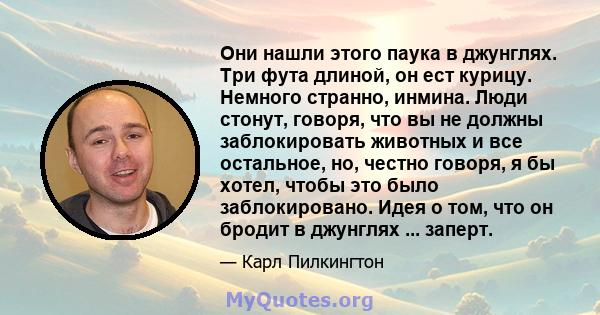 Они нашли этого паука в джунглях. Три фута длиной, он ест курицу. Немного странно, инмина. Люди стонут, говоря, что вы не должны заблокировать животных и все остальное, но, честно говоря, я бы хотел, чтобы это было