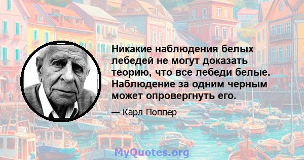 Никакие наблюдения белых лебедей не могут доказать теорию, что все лебеди белые. Наблюдение за одним черным может опровергнуть его.