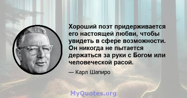 Хороший поэт придерживается его настоящей любви, чтобы увидеть в сфере возможности. Он никогда не пытается держаться за руки с Богом или человеческой расой.