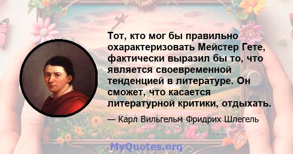 Тот, кто мог бы правильно охарактеризовать Мейстер Гете, фактически выразил бы то, что является своевременной тенденцией в литературе. Он сможет, что касается литературной критики, отдыхать.