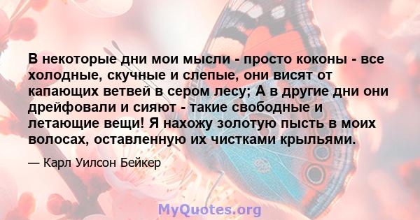 В некоторые дни мои мысли - просто коконы - все холодные, скучные и слепые, они висят от капающих ветвей в сером лесу; А в другие дни они дрейфовали и сияют - такие свободные и летающие вещи! Я нахожу золотую пысть в