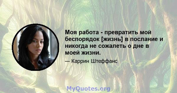 Моя работа - превратить мой беспорядок [жизнь] в послание и никогда не сожалеть о дне в моей жизни.