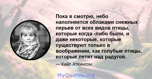 Пока я смотрю, небо наполняется облаками снежных перьев от всех видов птицы, которые когда -либо были, и даже некоторые, которые существуют только в воображении, как голубые птицы, которые летят над радугой.