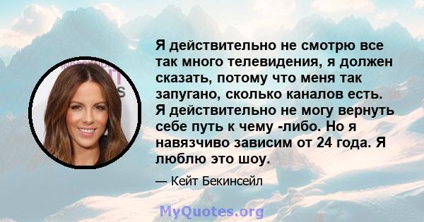 Я действительно не смотрю все так много телевидения, я должен сказать, потому что меня так запугано, сколько каналов есть. Я действительно не могу вернуть себе путь к чему -либо. Но я навязчиво зависим от 24 года. Я