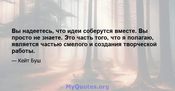 Вы надеетесь, что идеи соберутся вместе. Вы просто не знаете. Это часть того, что я полагаю, является частью смелого и создания творческой работы.