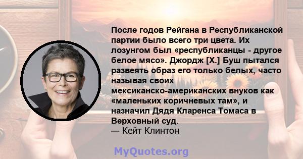 После годов Рейгана в Республиканской партии было всего три цвета. Их лозунгом был «республиканцы - другое белое мясо». Джордж [Х.] Буш пытался развеять образ его только белых, часто называя своих