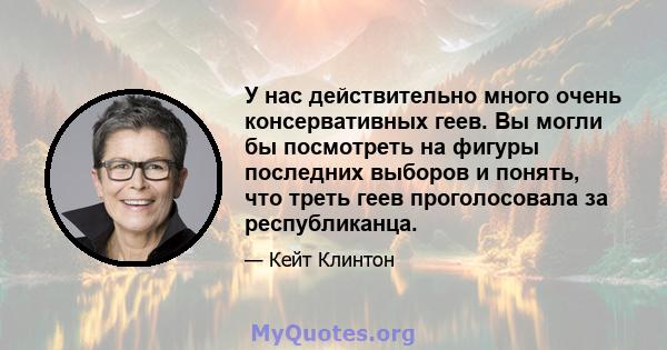 У нас действительно много очень консервативных геев. Вы могли бы посмотреть на фигуры последних выборов и понять, что треть геев проголосовала за республиканца.