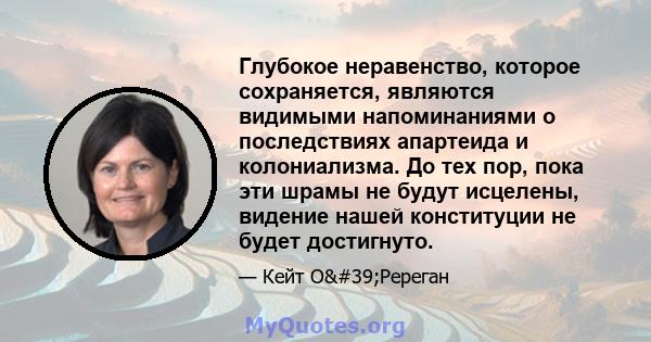 Глубокое неравенство, которое сохраняется, являются видимыми напоминаниями о последствиях апартеида и колониализма. До тех пор, пока эти шрамы не будут исцелены, видение нашей конституции не будет достигнуто.