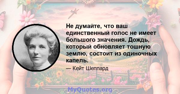 Не думайте, что ваш единственный голос не имеет большого значения. Дождь, который обновляет тошную землю, состоит из одиночных капель.