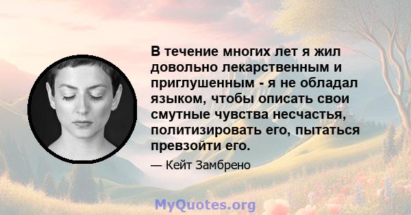 В течение многих лет я жил довольно лекарственным и приглушенным - я не обладал языком, чтобы описать свои смутные чувства несчастья, политизировать его, пытаться превзойти его.