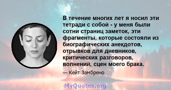 В течение многих лет я носил эти тетради с собой - у меня были сотни страниц заметок, эти фрагменты, которые состояли из биографических анекдотов, отрывков для дневников, критических разговоров, волнений, сцен моего