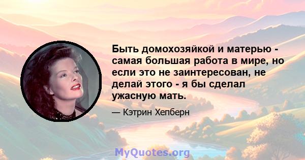 Быть домохозяйкой и матерью - самая большая работа в мире, но если это не заинтересован, не делай этого - я бы сделал ужасную мать.