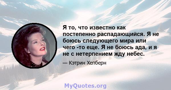 Я то, что известно как постепенно распадающийся. Я не боюсь следующего мира или чего -то еще. Я не боюсь ада, и я не с нетерпением жду небес.