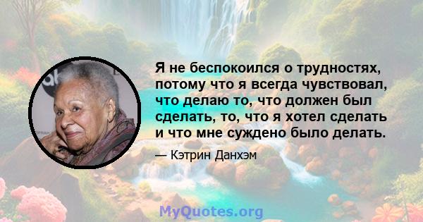 Я не беспокоился о трудностях, потому что я всегда чувствовал, что делаю то, что должен был сделать, то, что я хотел сделать и что мне суждено было делать.