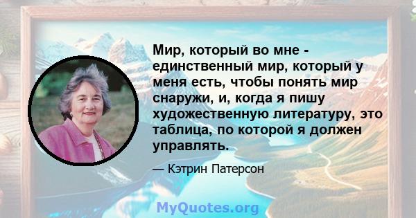 Мир, который во мне - единственный мир, который у меня есть, чтобы понять мир снаружи, и, когда я пишу художественную литературу, это таблица, по которой я должен управлять.