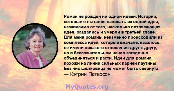 Роман не рожден ни одной идеей. Истории, которые я пытался написать из одной идеи, независимо от того, насколько потрясающая идея, раздались и умерли в третьей главе. Для меня романы неизменно происходили из комплекса