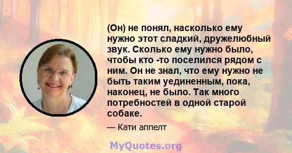 (Он) не понял, насколько ему нужно этот сладкий, дружелюбный звук. Сколько ему нужно было, чтобы кто -то поселился рядом с ним. Он не знал, что ему нужно не быть таким уединенным, пока, наконец, не было. Так много