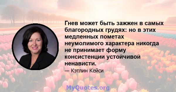 Гнев может быть зажжен в самых благородных грудях: но в этих медленных пометах неумолимого характера никогда не принимает форму консистенции устойчивой ненависти.