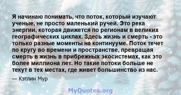 Я начинаю понимать, что поток, который изучают ученые, не просто маленький ручей. Это река энергии, которая движется по регионам в великих географических циклах. Здесь жизнь и смерть - это только разные моменты на