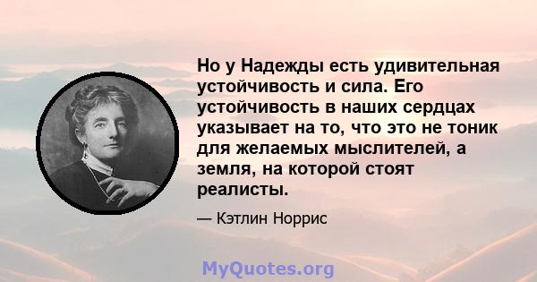 Но у Надежды есть удивительная устойчивость и сила. Его устойчивость в наших сердцах указывает на то, что это не тоник для желаемых мыслителей, а земля, на которой стоят реалисты.