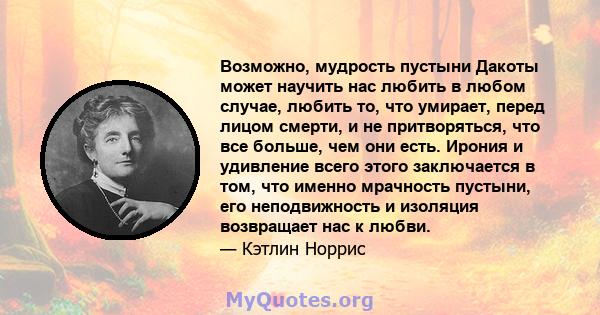 Возможно, мудрость пустыни Дакоты может научить нас любить в любом случае, любить то, что умирает, перед лицом смерти, и не притворяться, что все больше, чем они есть. Ирония и удивление всего этого заключается в том,