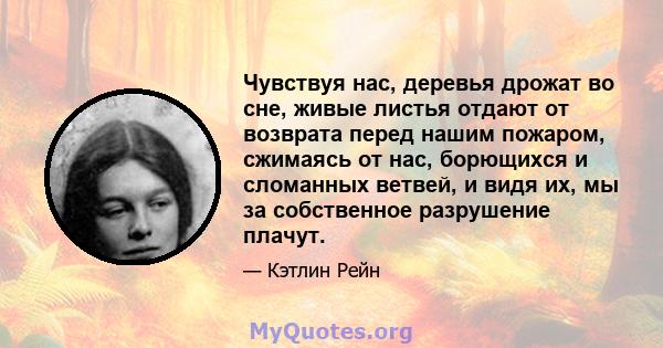 Чувствуя нас, деревья дрожат во сне, живые листья отдают от возврата перед нашим пожаром, сжимаясь от нас, борющихся и сломанных ветвей, и видя их, мы за собственное разрушение плачут.