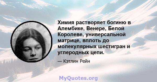 Химия растворяет богиню в Алембике, Венере, Белой Королеве, универсальной матрице, вплоть до молекулярных шестигран и углеродных цепи.