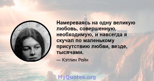 Намереваясь на одну великую любовь, совершенную, необходимую, и навсегда я скучал по маленькому присутствию любви, везде, тысячами.