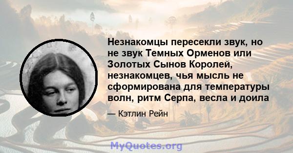 Незнакомцы пересекли звук, но не звук Темных Орменов или Золотых Сынов Королей, незнакомцев, чья мысль не сформирована для температуры волн, ритм Серпа, весла и доила