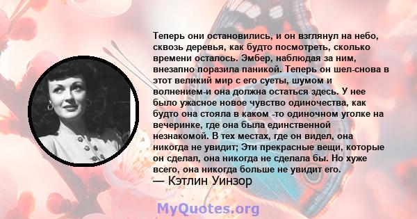 Теперь они остановились, и он взглянул на небо, сквозь деревья, как будто посмотреть, сколько времени осталось. Эмбер, наблюдая за ним, внезапно поразила паникой. Теперь он шел-снова в этот великий мир с его суеты,