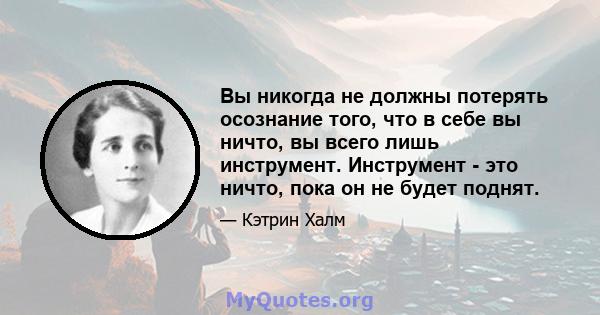 Вы никогда не должны потерять осознание того, что в себе вы ничто, вы всего лишь инструмент. Инструмент - это ничто, пока он не будет поднят.