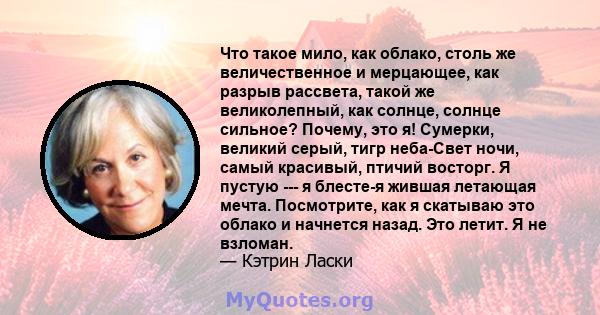 Что такое мило, как облако, столь же величественное и мерцающее, как разрыв рассвета, такой же великолепный, как солнце, солнце сильное? Почему, это я! Сумерки, великий серый, тигр неба-Свет ночи, самый красивый, птичий 