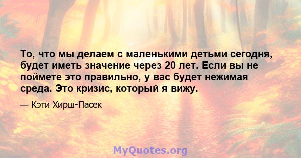 То, что мы делаем с маленькими детьми сегодня, будет иметь значение через 20 лет. Если вы не поймете это правильно, у вас будет нежимая среда. Это кризис, который я вижу.