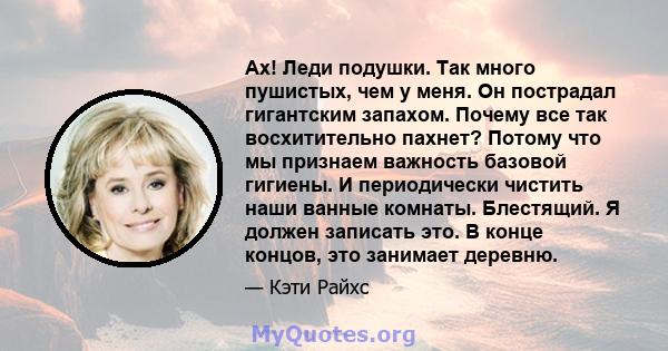 Ах! Леди подушки. Так много пушистых, чем у меня. Он пострадал гигантским запахом. Почему все так восхитительно пахнет? Потому что мы признаем важность базовой гигиены. И периодически чистить наши ванные комнаты.