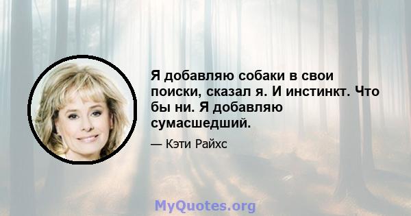 Я добавляю собаки в свои поиски, сказал я. И инстинкт. Что бы ни. Я добавляю сумасшедший.