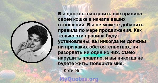 Вы должны настроить все правила своей кошке в начале ваших отношений. Вы не можете добавить правила по мере продвижения. Как только эти правила будут установлены, вы никогда не должны ни при каких обстоятельствах, ни