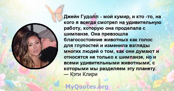 Джейн Гудолл - мой кумир, и кто -то, на кого я всегда смотрел на удивительную работу, которую она проделала с шимпанзе. Она превзошла благосостояние животных как голос для глупостей и изменила взгляды многих людей о