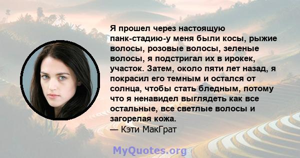 Я прошел через настоящую панк-стадию-у меня были косы, рыжие волосы, розовые волосы, зеленые волосы, я подстригал их в ирокек, участок. Затем, около пяти лет назад, я покрасил его темным и остался от солнца, чтобы стать 