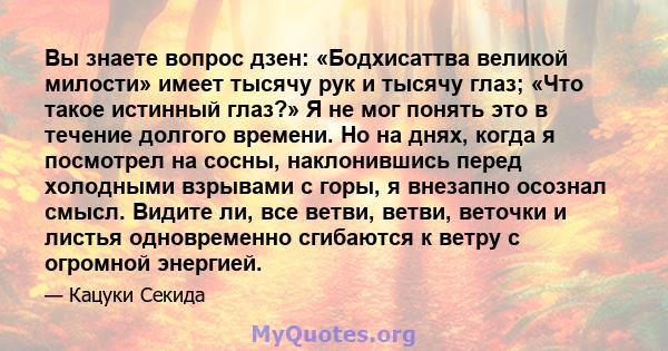 Вы знаете вопрос дзен: «Бодхисаттва великой милости» имеет тысячу рук и тысячу глаз; «Что такое истинный глаз?» Я не мог понять это в течение долгого времени. Но на днях, когда я посмотрел на сосны, наклонившись перед