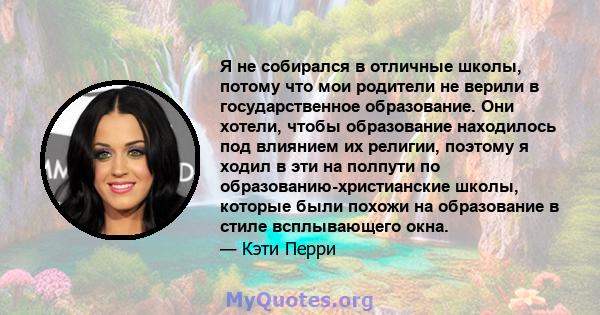 Я не собирался в отличные школы, потому что мои родители не верили в государственное образование. Они хотели, чтобы образование находилось под влиянием их религии, поэтому я ходил в эти на полпути по