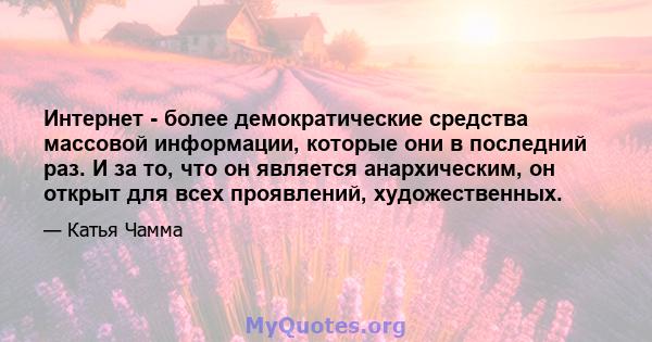 Интернет - более демократические средства массовой информации, которые они в последний раз. И за то, что он является анархическим, он открыт для всех проявлений, художественных.