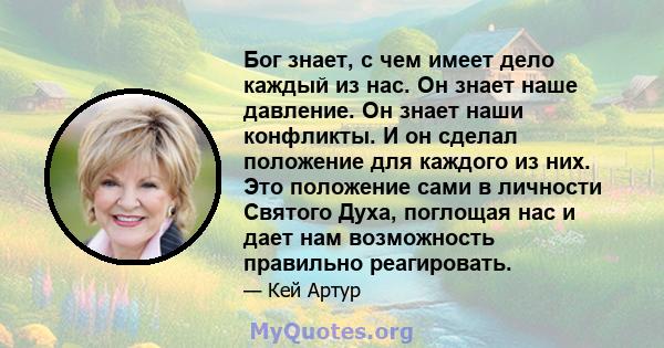 Бог знает, с чем имеет дело каждый из нас. Он знает наше давление. Он знает наши конфликты. И он сделал положение для каждого из них. Это положение сами в личности Святого Духа, поглощая нас и дает нам возможность