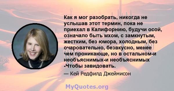 Как я мог разобрать, никогда не услышав этот термин, пока не приехал в Калифорнию, будучи осой, означало быть мхом, с замкнутым, жестким, без юмора, холодным, без очаровательно, безвкусно, менее чем проникающе, но в