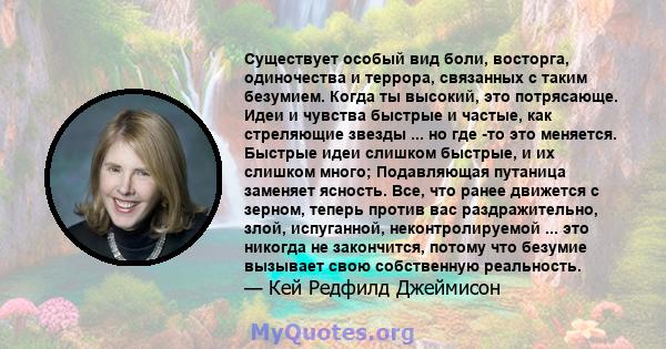 Существует особый вид боли, восторга, одиночества и террора, связанных с таким безумием. Когда ты высокий, это потрясающе. Идеи и чувства быстрые и частые, как стреляющие звезды ... но где -то это меняется. Быстрые идеи 