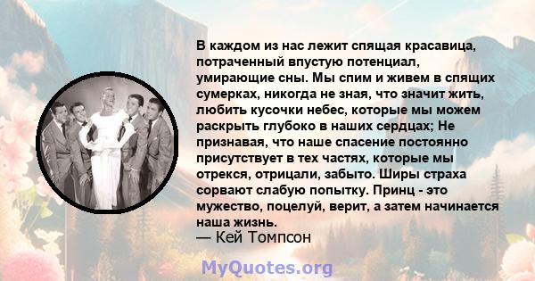 В каждом из нас лежит спящая красавица, потраченный впустую потенциал, умирающие сны. Мы спим и живем в спящих сумерках, никогда не зная, что значит жить, любить кусочки небес, которые мы можем раскрыть глубоко в наших