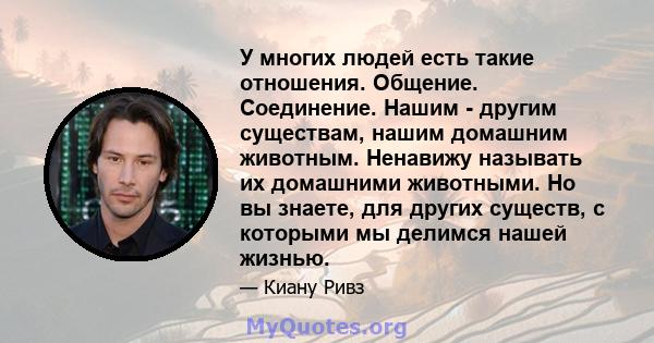 У многих людей есть такие отношения. Общение. Соединение. Нашим - другим существам, нашим домашним животным. Ненавижу называть их домашними животными. Но вы знаете, для других существ, с которыми мы делимся нашей жизнью.