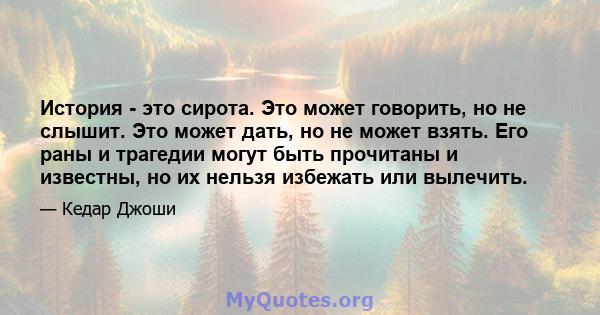 История - это сирота. Это может говорить, но не слышит. Это может дать, но не может взять. Его раны и трагедии могут быть прочитаны и известны, но их нельзя избежать или вылечить.