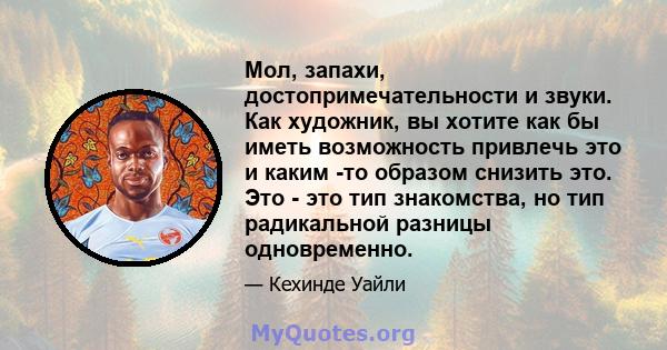 Мол, запахи, достопримечательности и звуки. Как художник, вы хотите как бы иметь возможность привлечь это и каким -то образом снизить это. Это - это тип знакомства, но тип радикальной разницы одновременно.